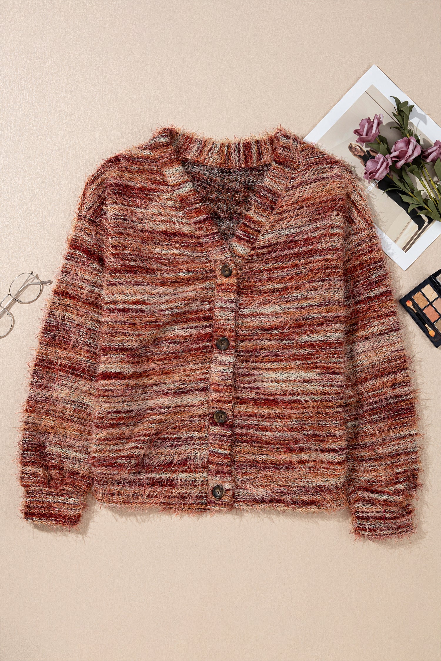 Stripe Fuzzy Button Front Cardigan Sweater