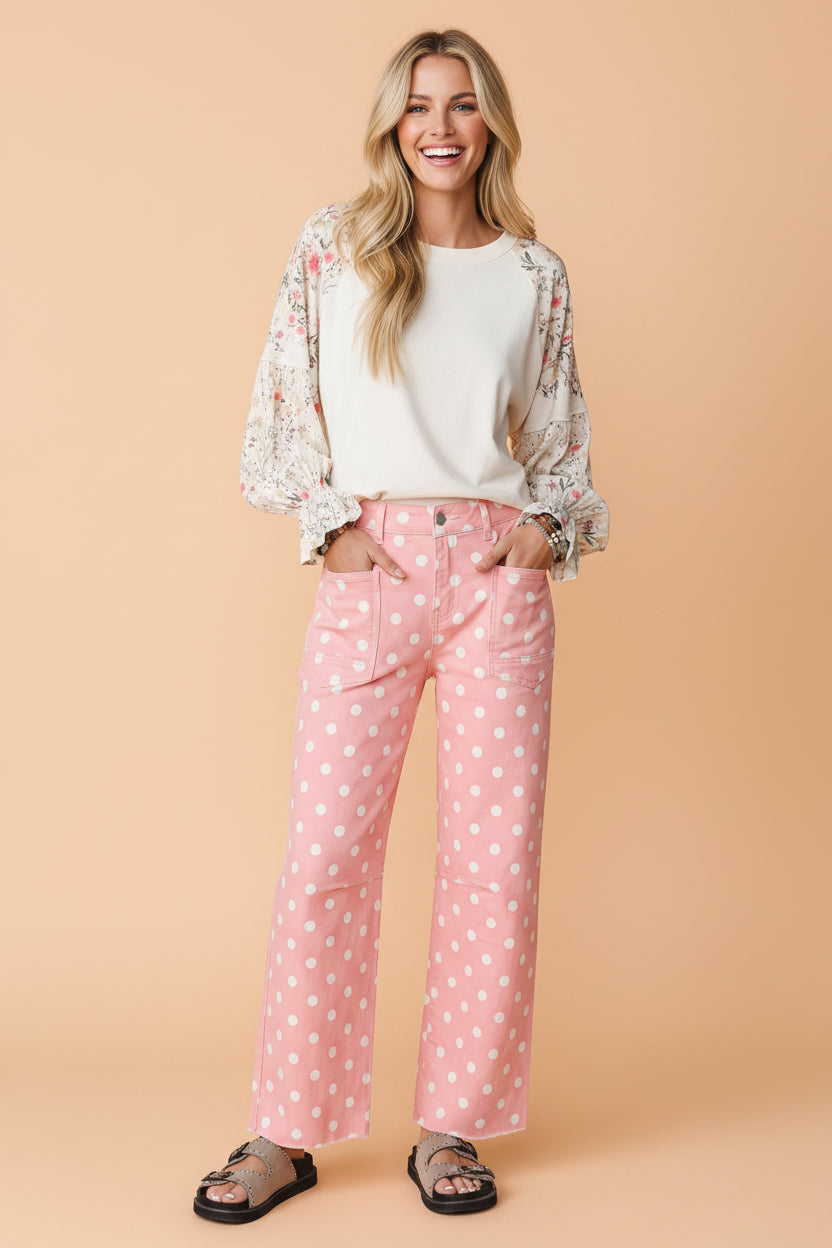 Polka Dot Denim Raw Hem Barrel Jeans