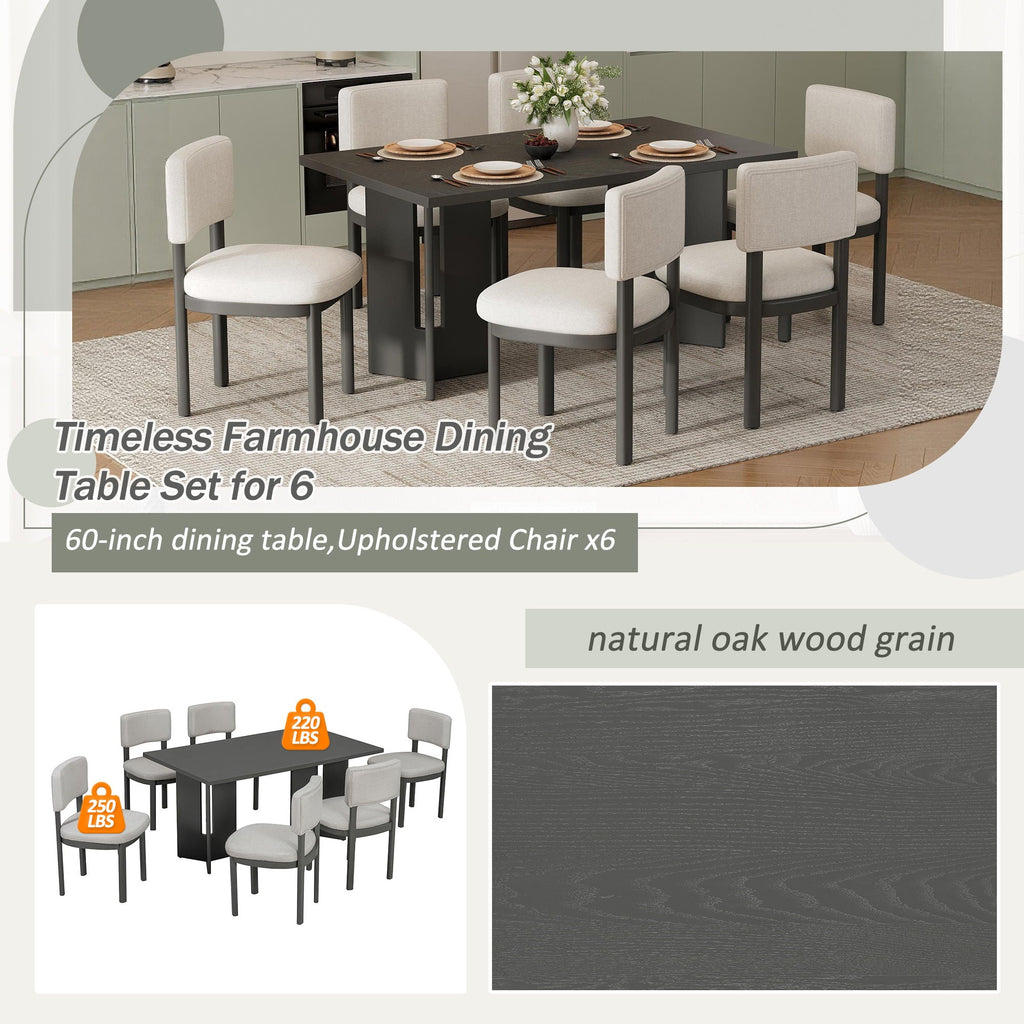 Dining Table Set With 6 Upholstered Chairs, Rectangular Table With Cutout Legs
