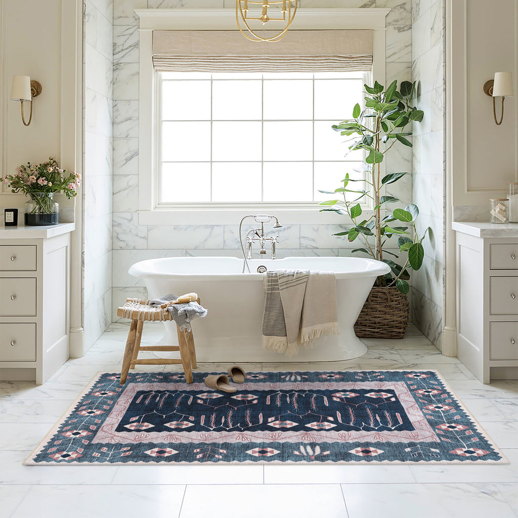 Marceline Navy Blue Floral Turkish Kilim Rug