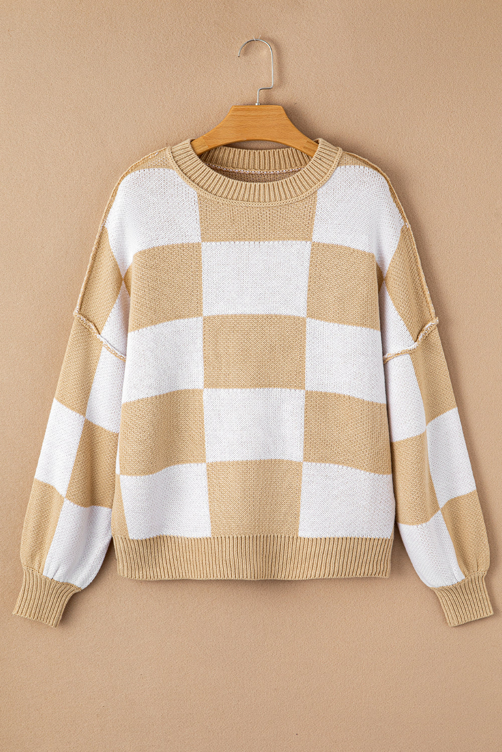 Checker Exposed Seam Drop Shoulder Long Sleeve Sweater