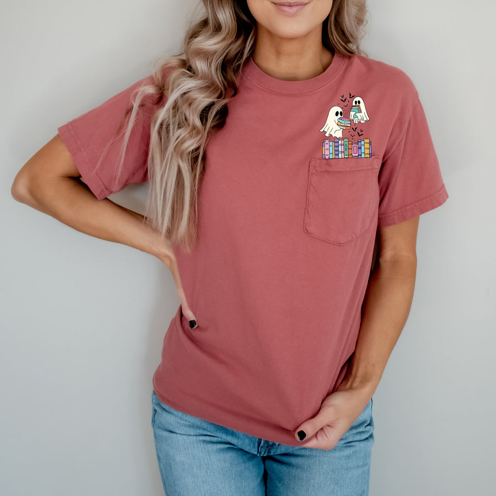 Cute Book Lover Ghosts Reading Library Pocket Halloween Season Comfort Colors Tee