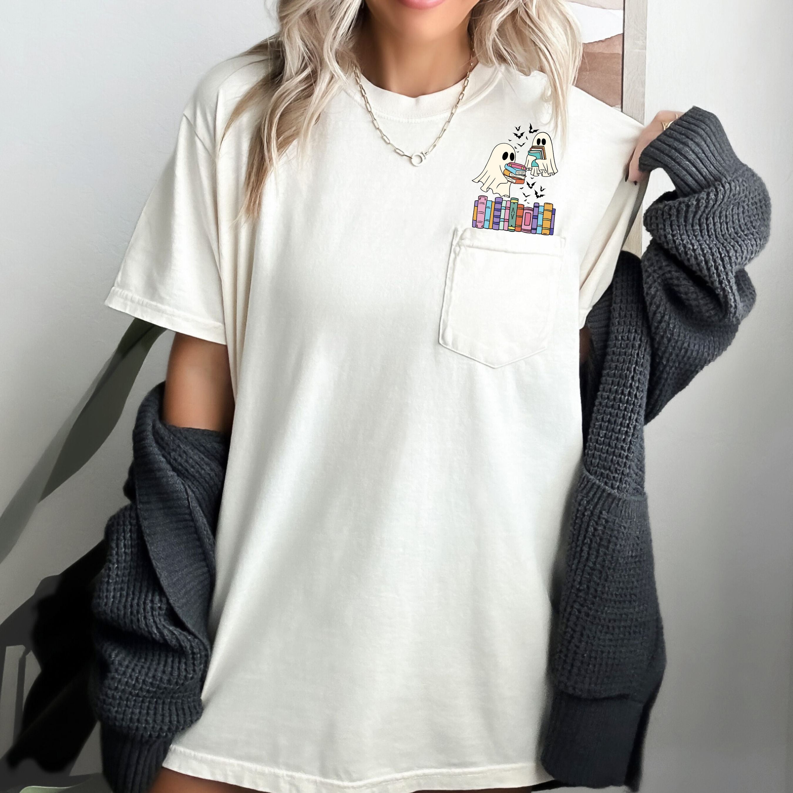 Cute Book Lover Ghosts Reading Library Pocket Halloween Season Comfort Colors Tee