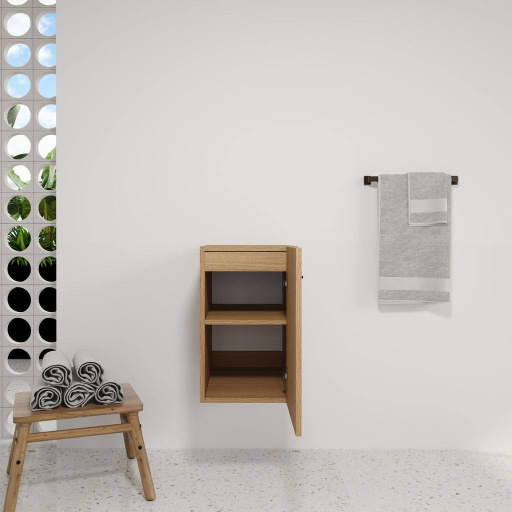 Floating Bathroom Vanity Single Door Base Cabinet, Wall Mounted Storage - Light Oak