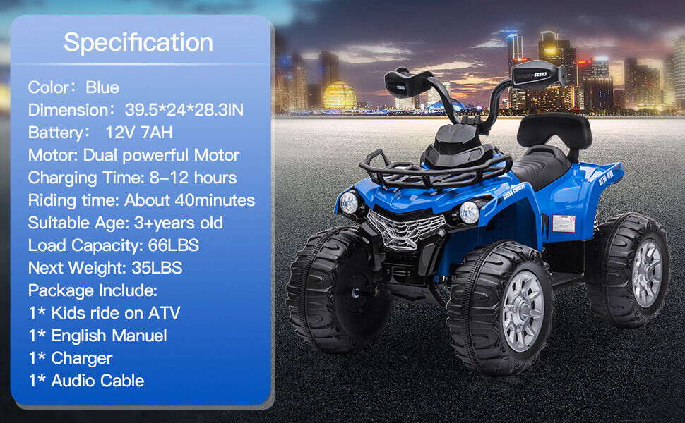 12V Battery Powered Electric ATV Quad for Kids - 4-Wheel Ride On Toy with 2 Speed Options