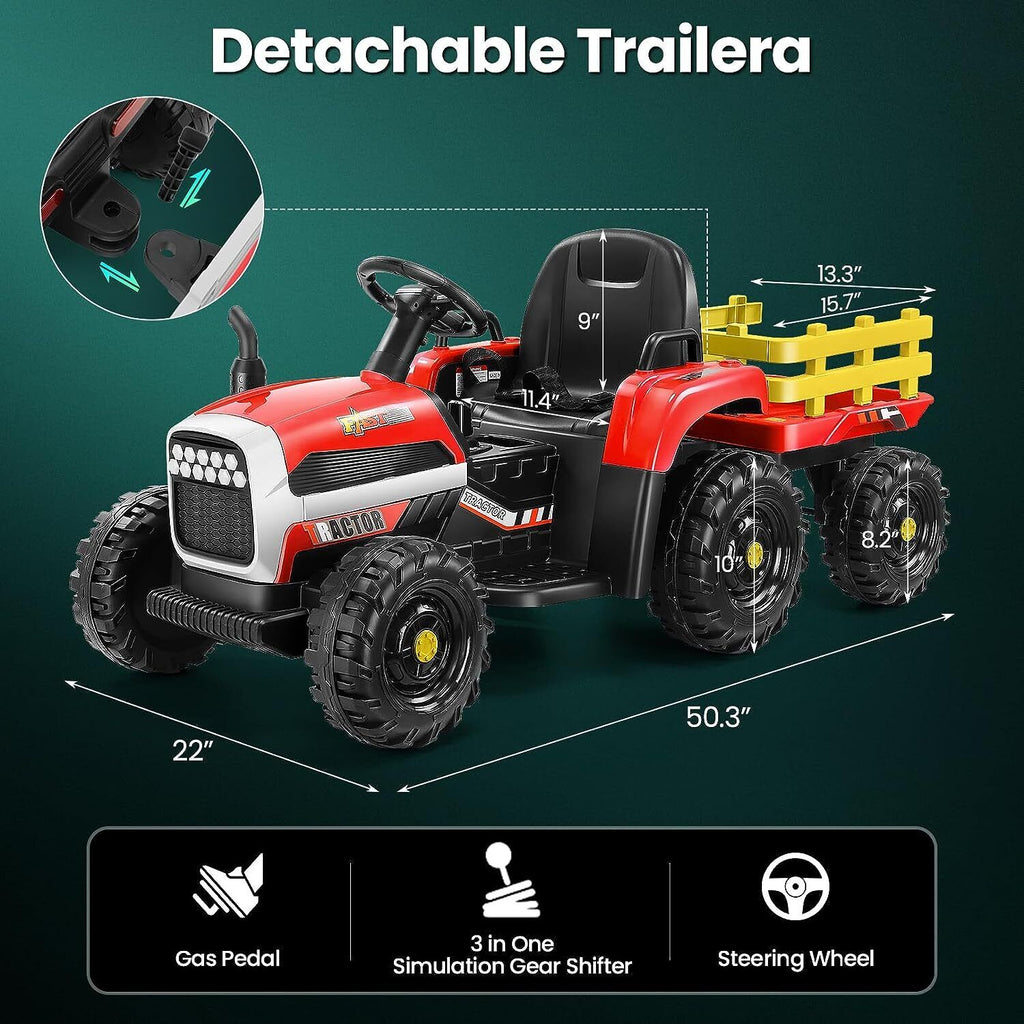12V Battery-Powered Tractor with Detachable Trailer for Kids