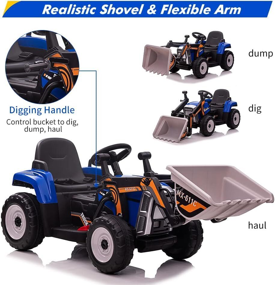 12V Electric Excavator Ride-On Toy with Remote Control, Music, and Bluetooth for Kids