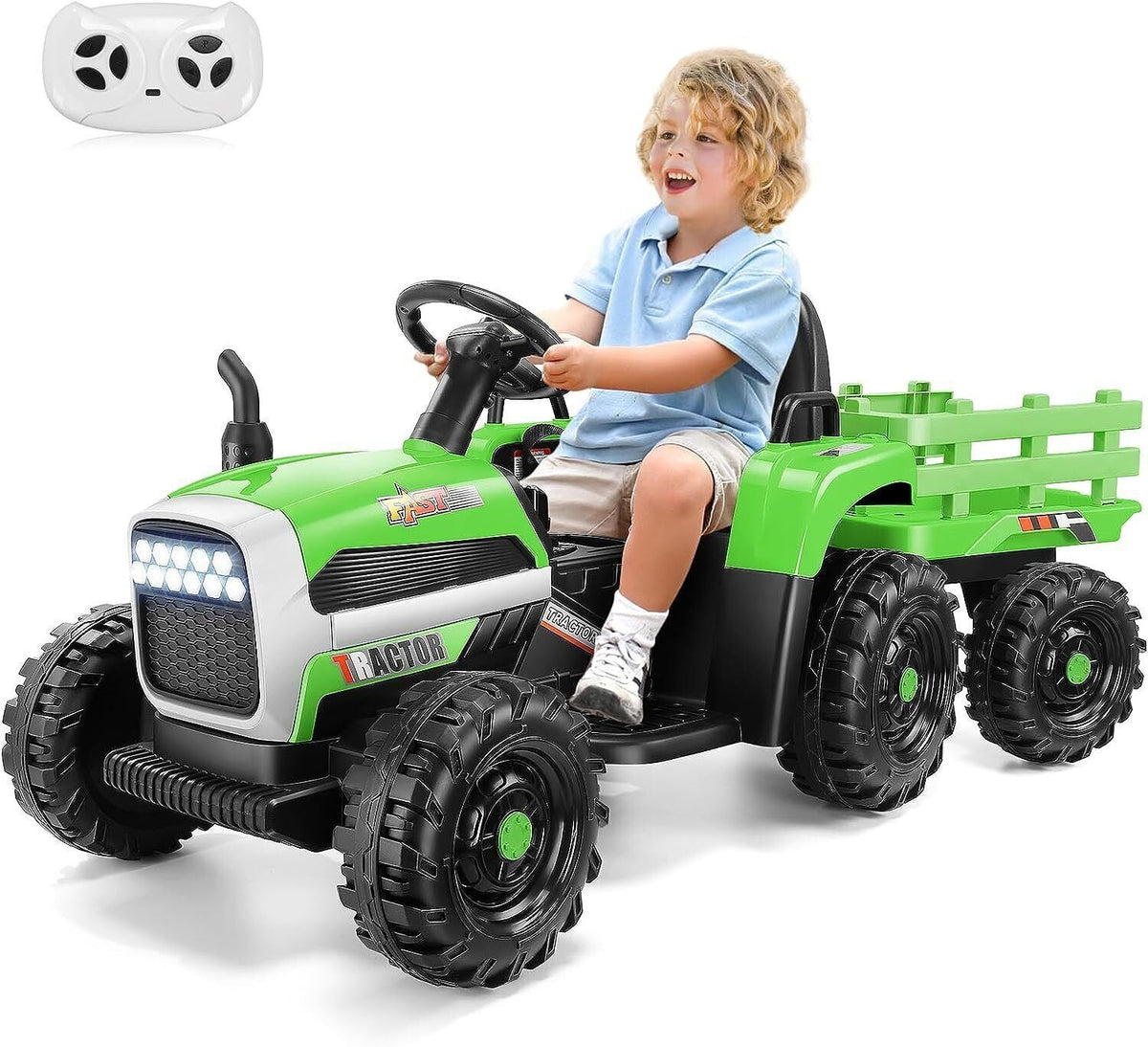 Electric Ride-On Tractor Car Toy with Trailer for Kids - 12V, 60W, 3-Speed, Remote Control and AUX Port