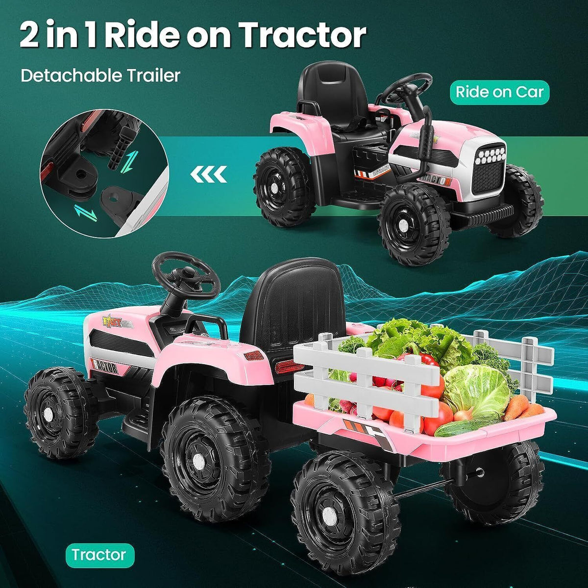 12V Electric Ride-On Tractor for Kids with Trailer Attachment by Hikole