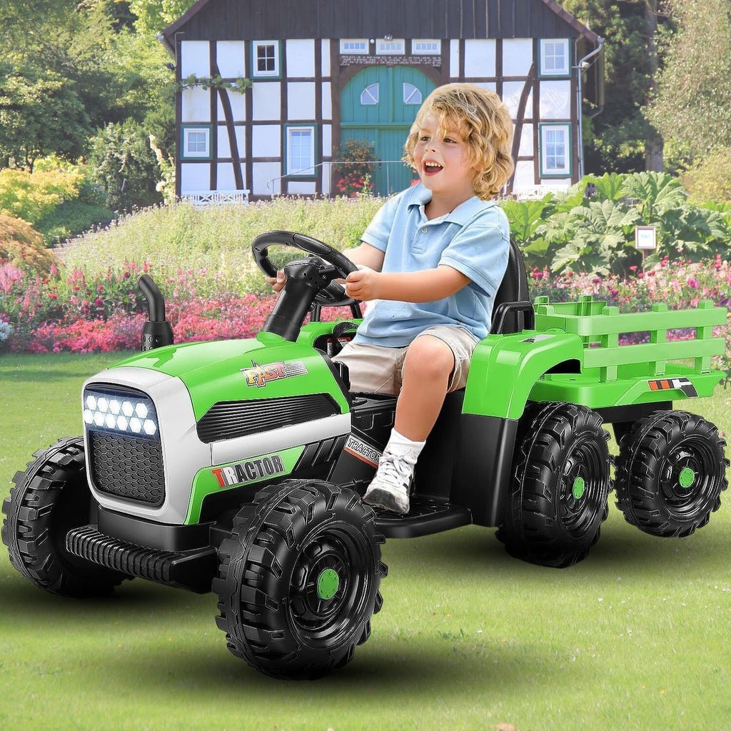 Electric Ride-On Tractor Car Toy with Trailer for Kids - 12V, 60W, 3-Speed, Remote Control and AUX Port