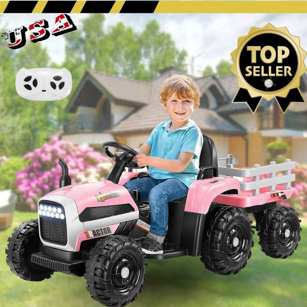 12V Electric Ride-On Tractor for Kids with Trailer and Remote Control