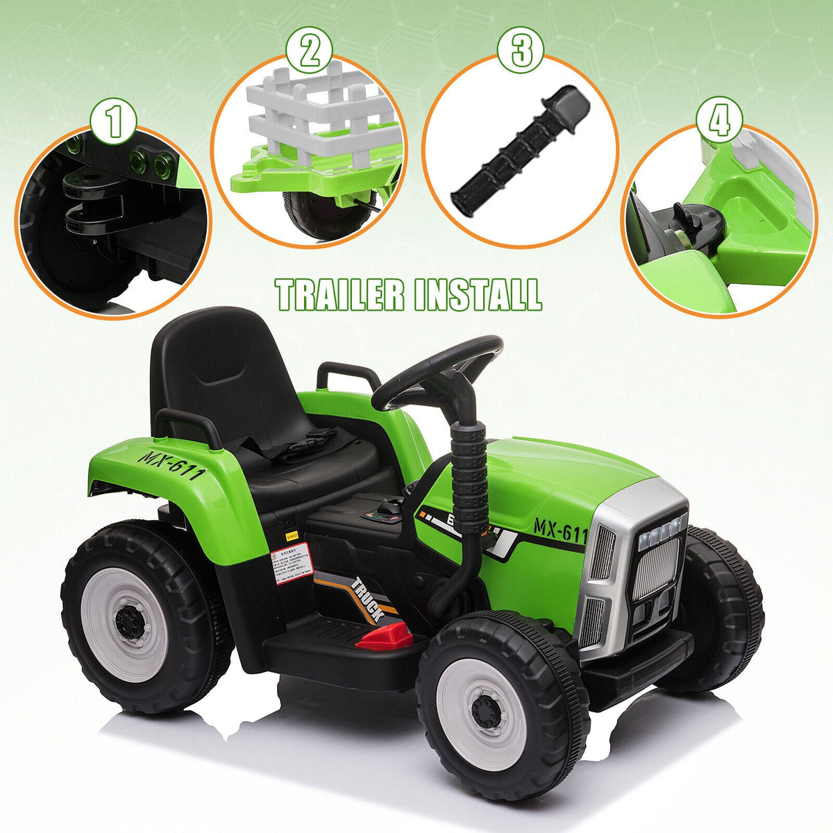 12V Electric Tractor with Trailer for Kids - Remote Control Ride-On Toy Car