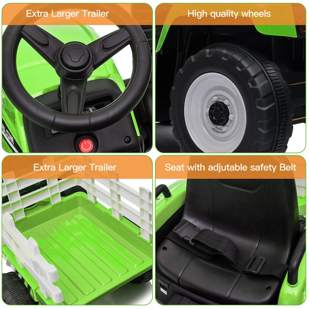 12V Electric Tractor with Trailer for Kids - Remote Control Ride-On Toy Car