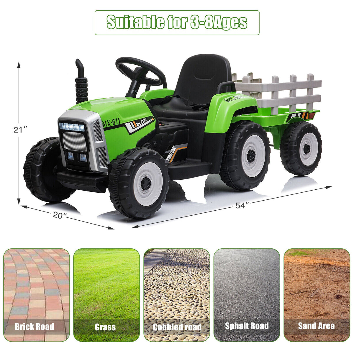 12V Electric Tractor with Trailer for Kids - Remote Control Ride-On Toy Car
