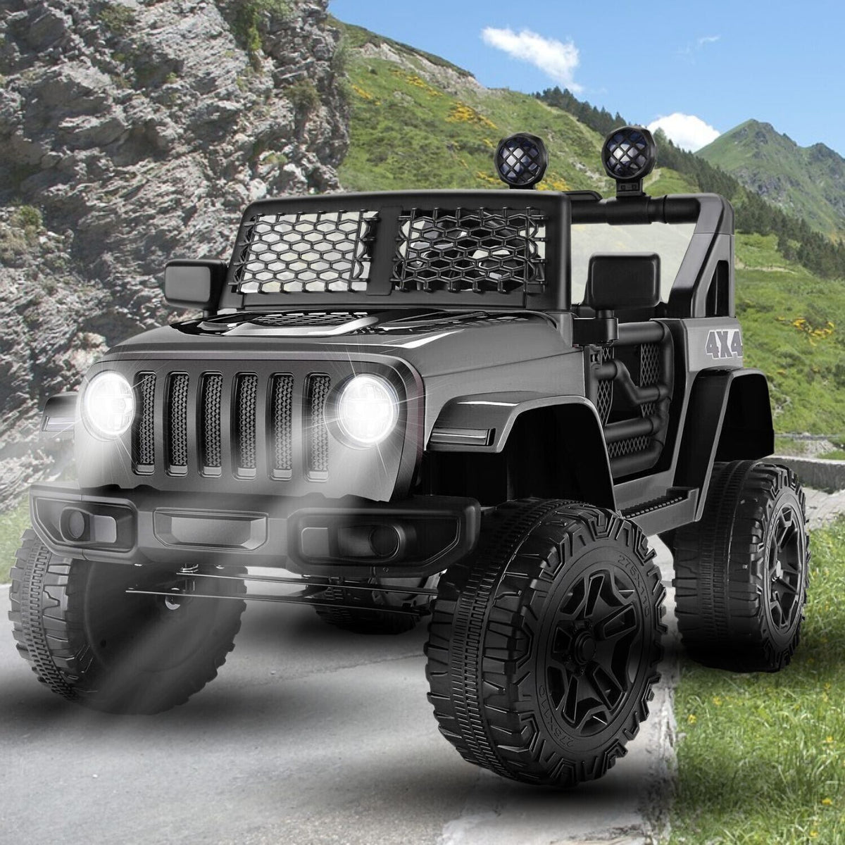 12V Kids Electric Jeep with Remote Control, 3 Speeds, LED Lights, and MP3 Player
