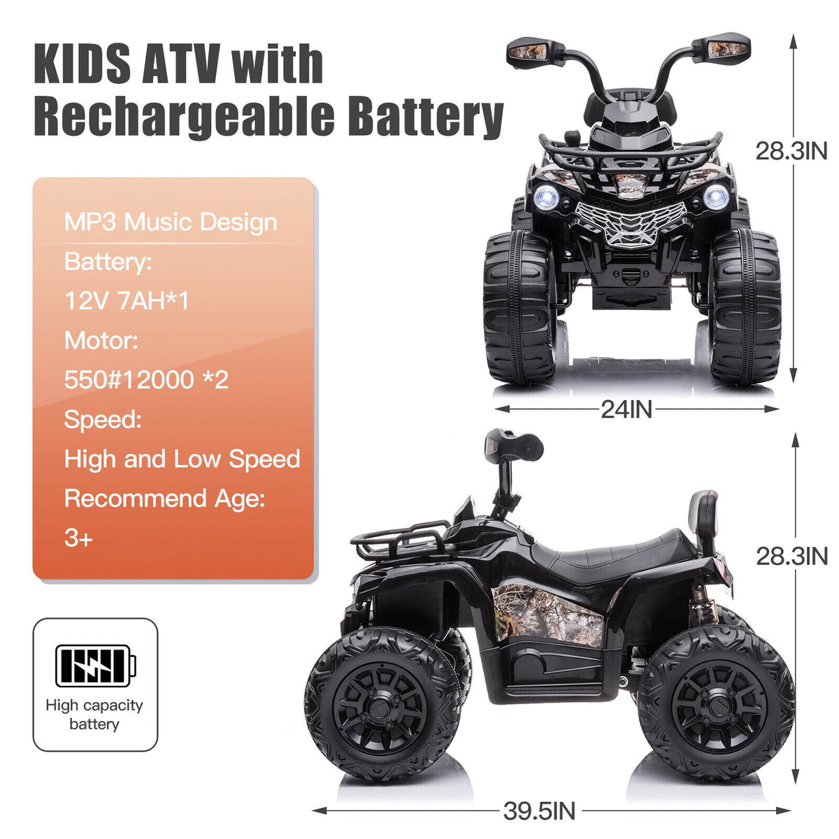 12V Kids Electric Quad 4-Wheeler ATV Toy with LED Lights and 2 Speed Options