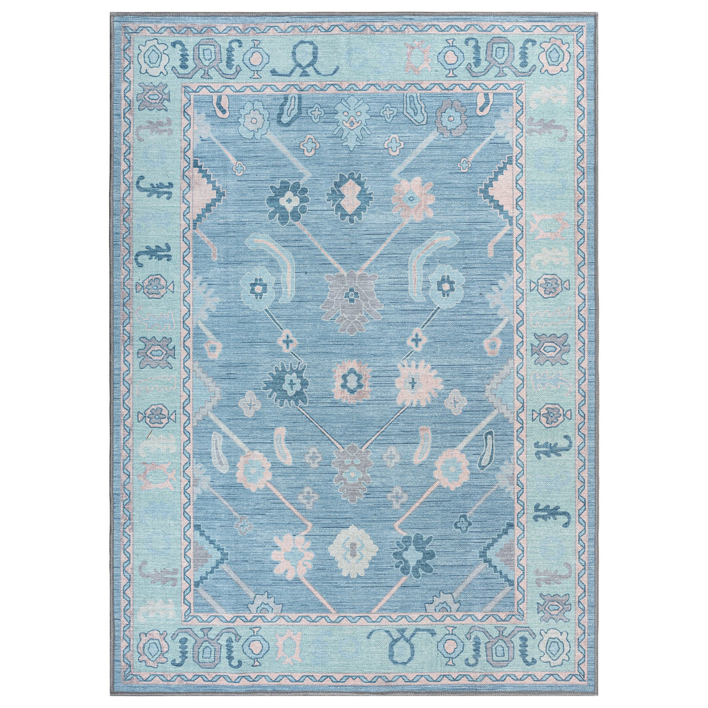Teal Blue Oushak Area Washable Rug