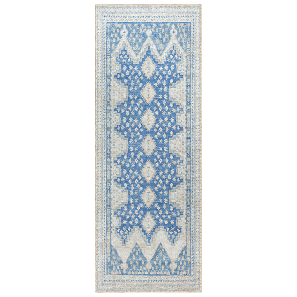 Beige Blue Boho Oushak Washable Rug