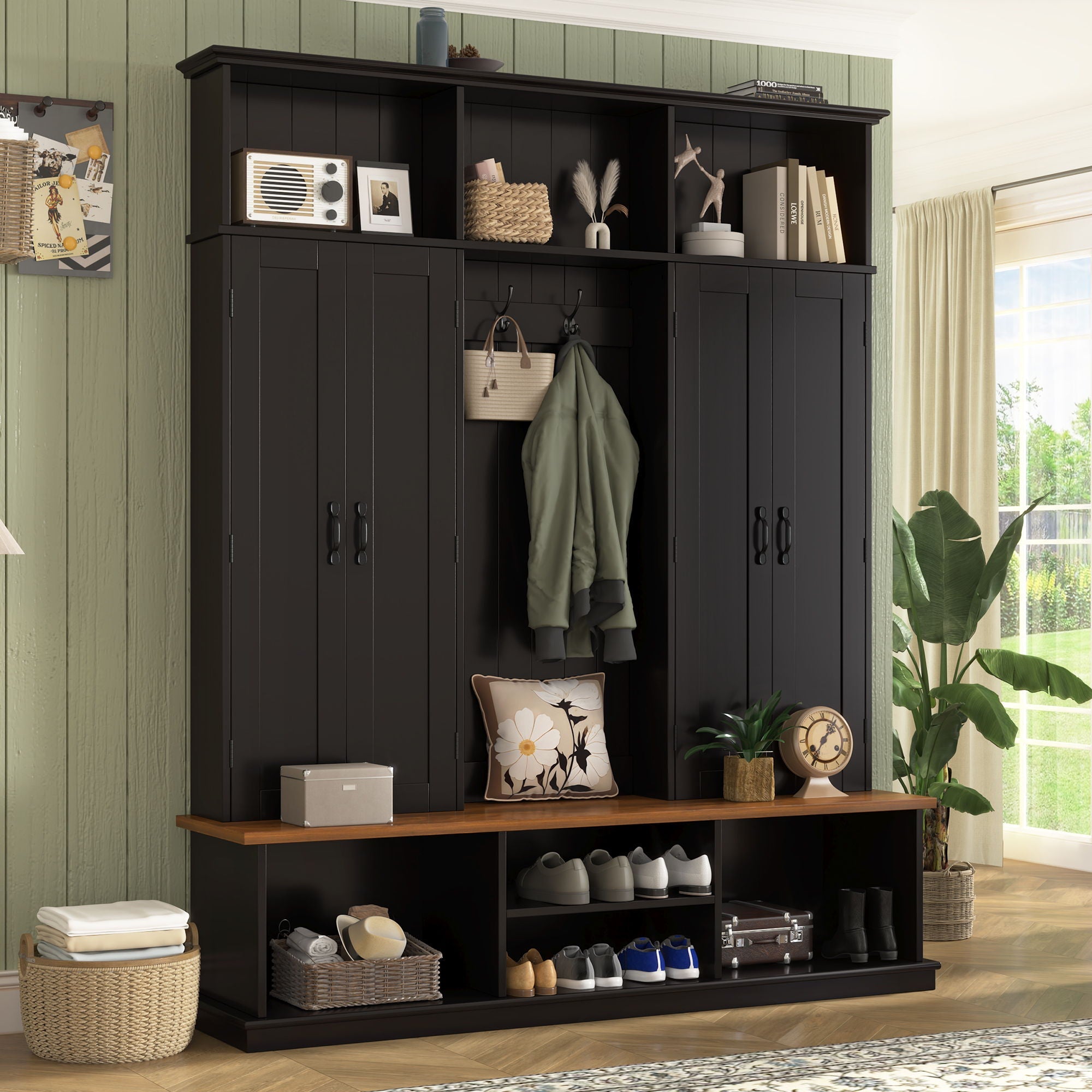Entryway Hall Tree With Bench, 3 Top Cubbies & Bottom Storage Space