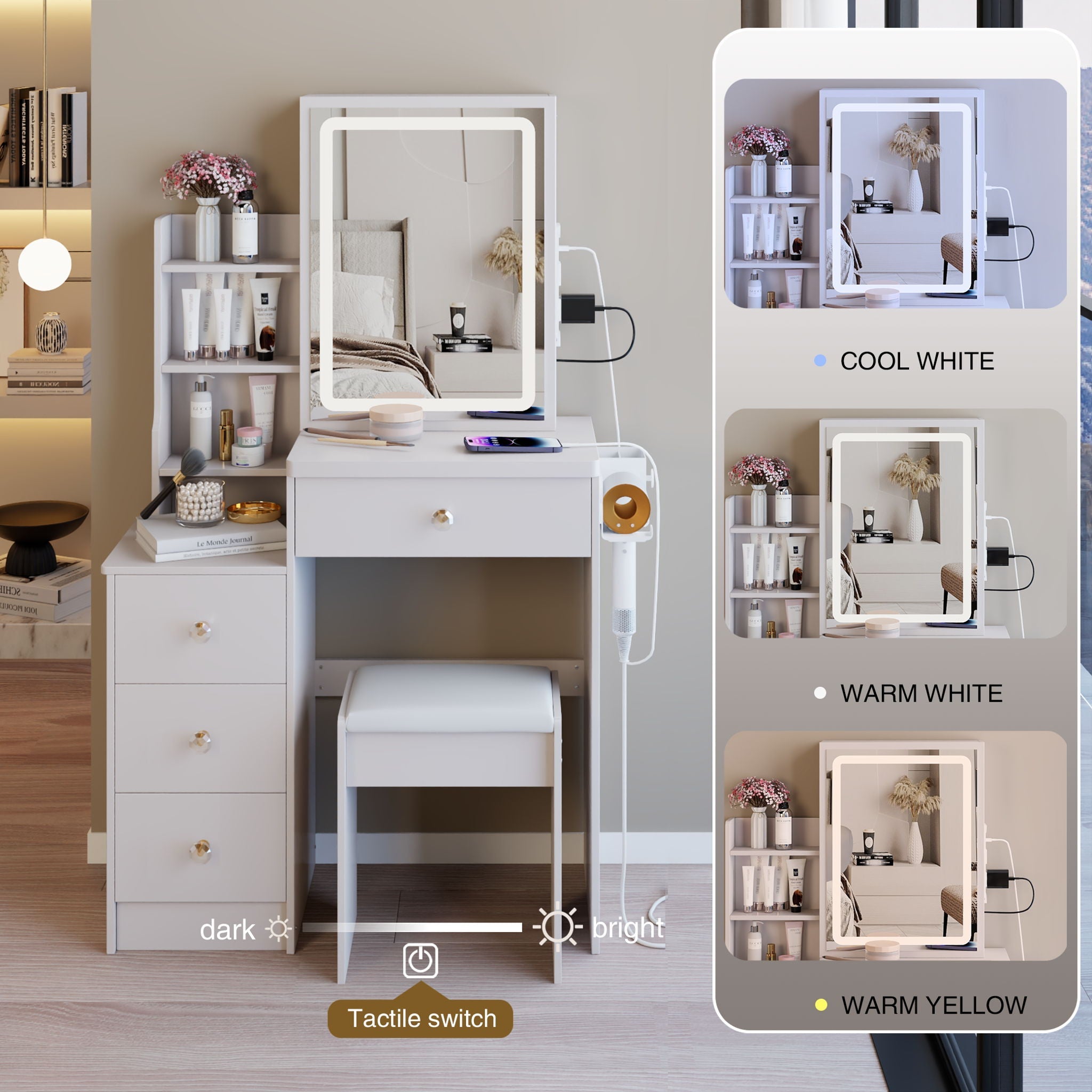 Cabinet Vanity Table & Cushioned Stool, USB Power Station, Hair Dryer Bracket - White