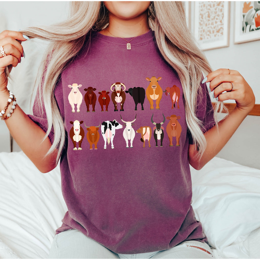 Cow Lovers Farm Animal Illustration With Multiple Cow Breeds Art Comfort Colors Tee