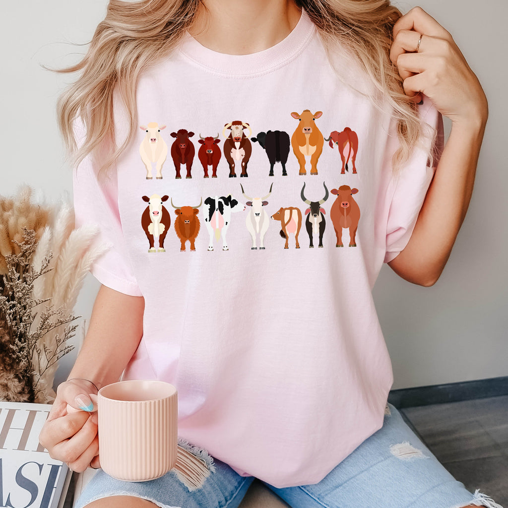 Cow Lovers Farm Animal Illustration With Multiple Cow Breeds Art Comfort Colors Tee