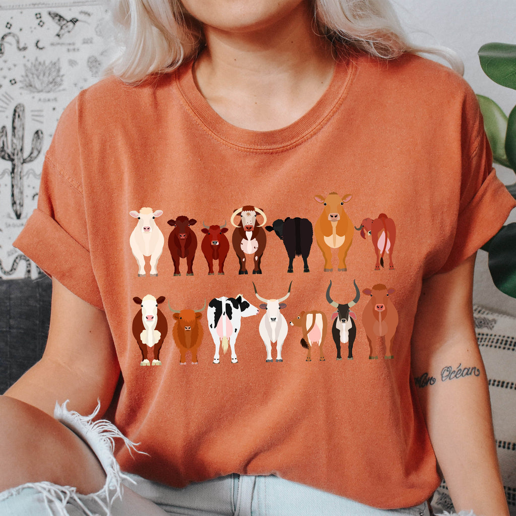 Cow Lovers Farm Animal Illustration With Multiple Cow Breeds Art Comfort Colors Tee