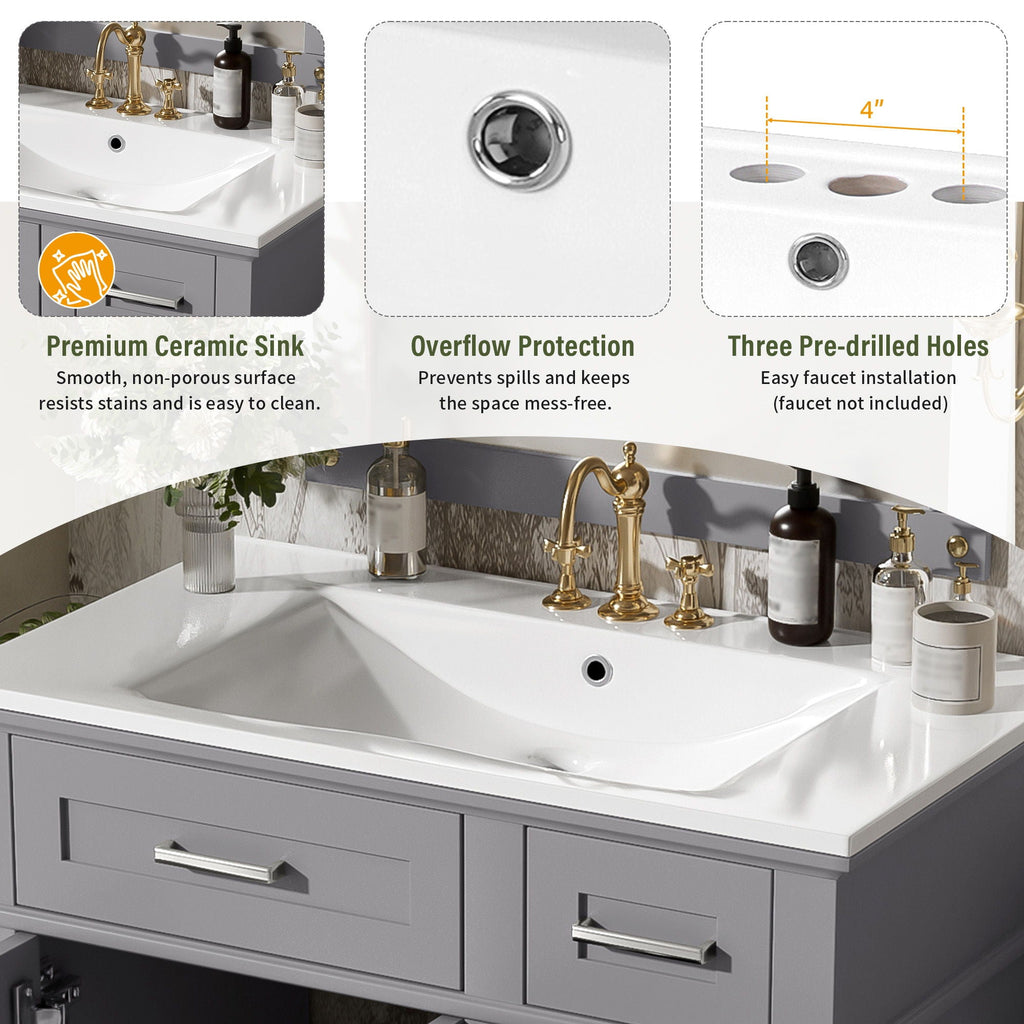 Modern Bathroom Vanity With Sink, Storage Cabinet, Soft Close Doors, Deep & Standard Drawers