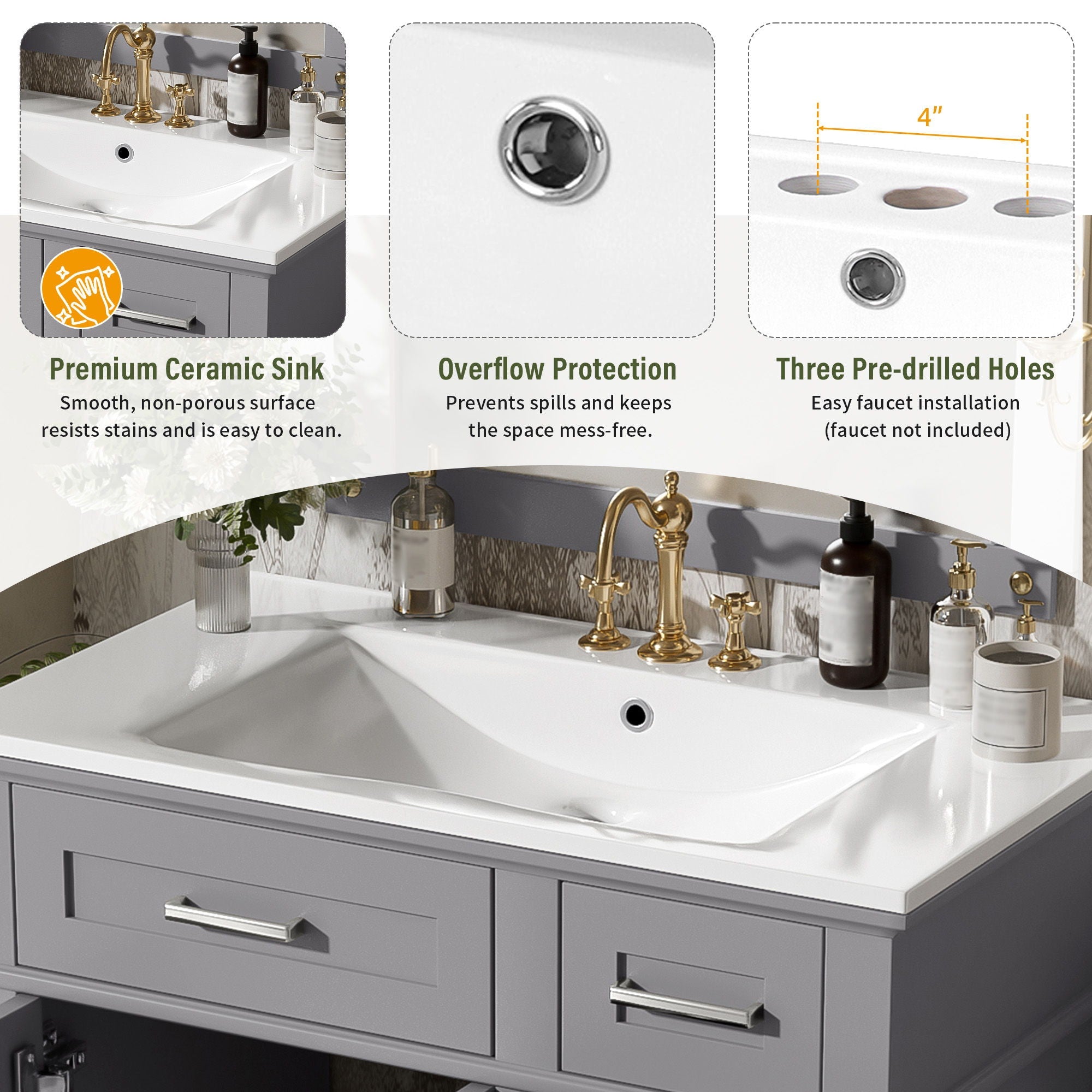 Modern Bathroom Vanity With Sink, Storage Cabinet, Soft Close Doors, Deep & Standard Drawers