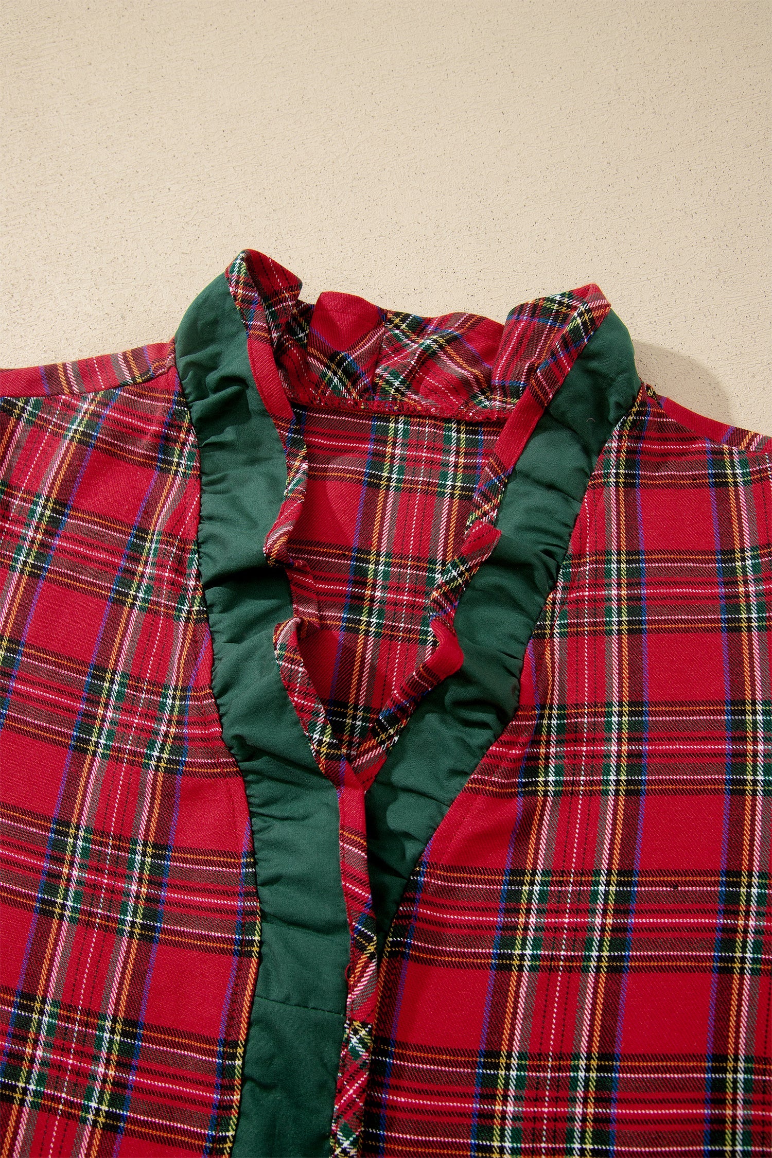 Plaid Ruffle Colorblock V-Neck Puff Sleeve Shirt