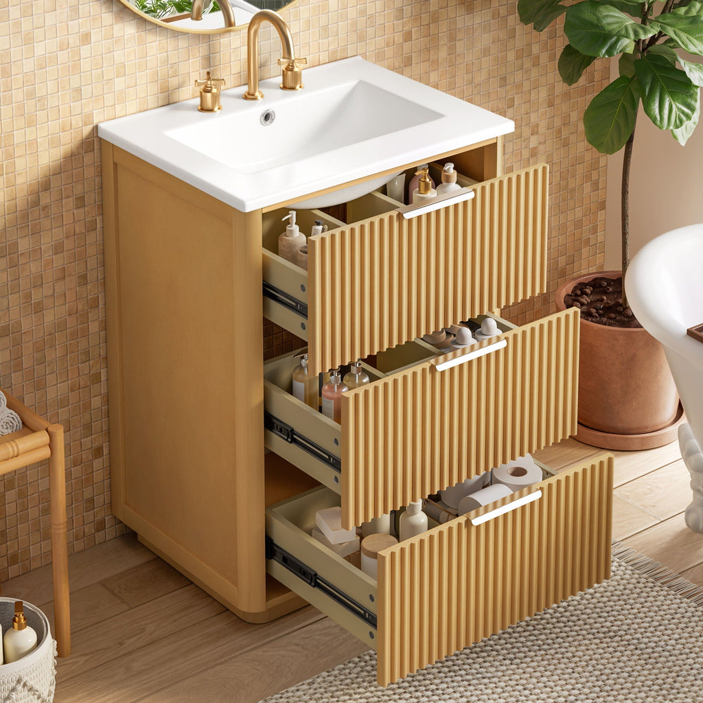 Bathroom Vanity With Sink, Open Shelf & Closed Storage - Natural Wood