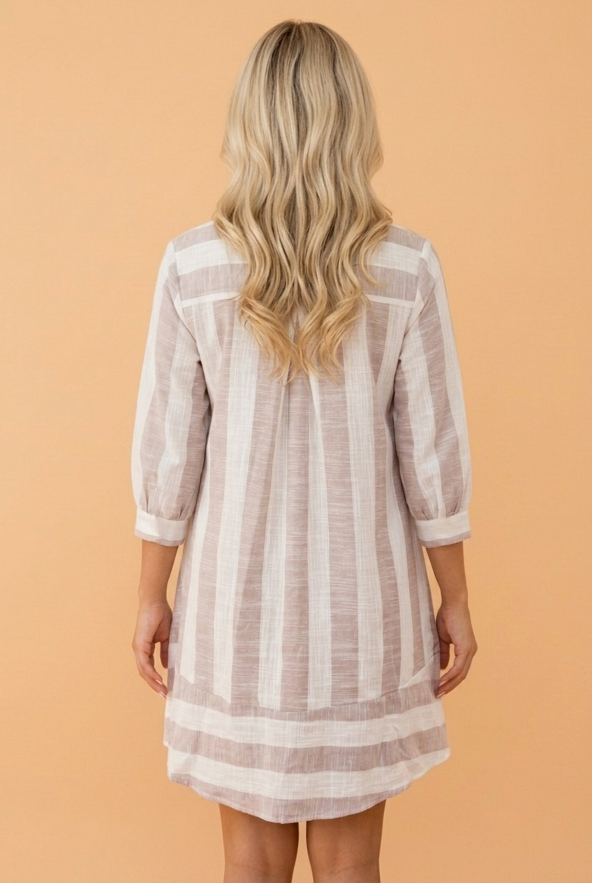 Stripe Buttoned Collar 3/4 Sleeve Shift Dress