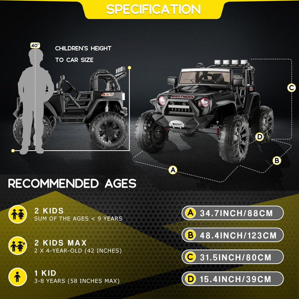 2-Seater Kids Electric Ride On Jeep Car with 3 Speeds, MP3 Player, Remote Control, and LED Lights - 24V MAX