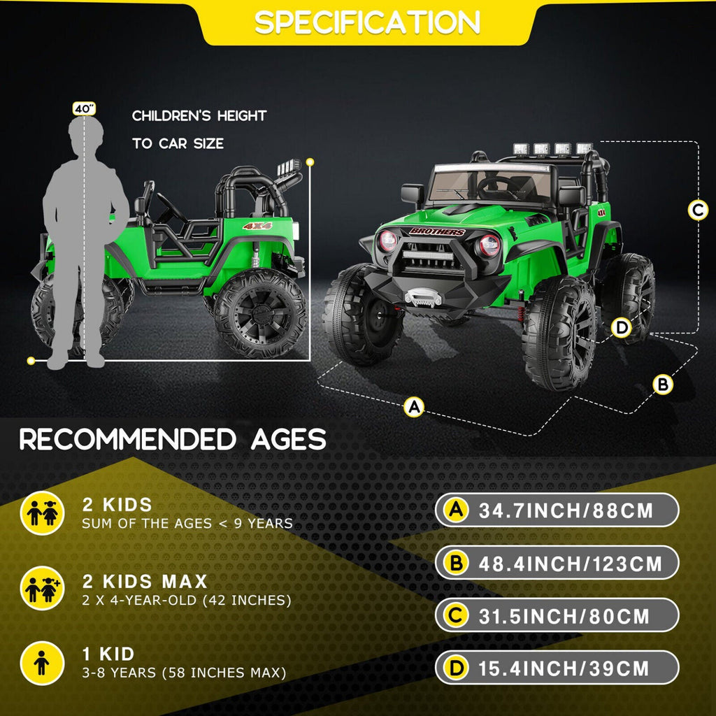 2-Seater Kids Electric Ride On Jeep Car with 3 Speeds, MP3 Player, Remote Control, and LED Lights - 24V MAX