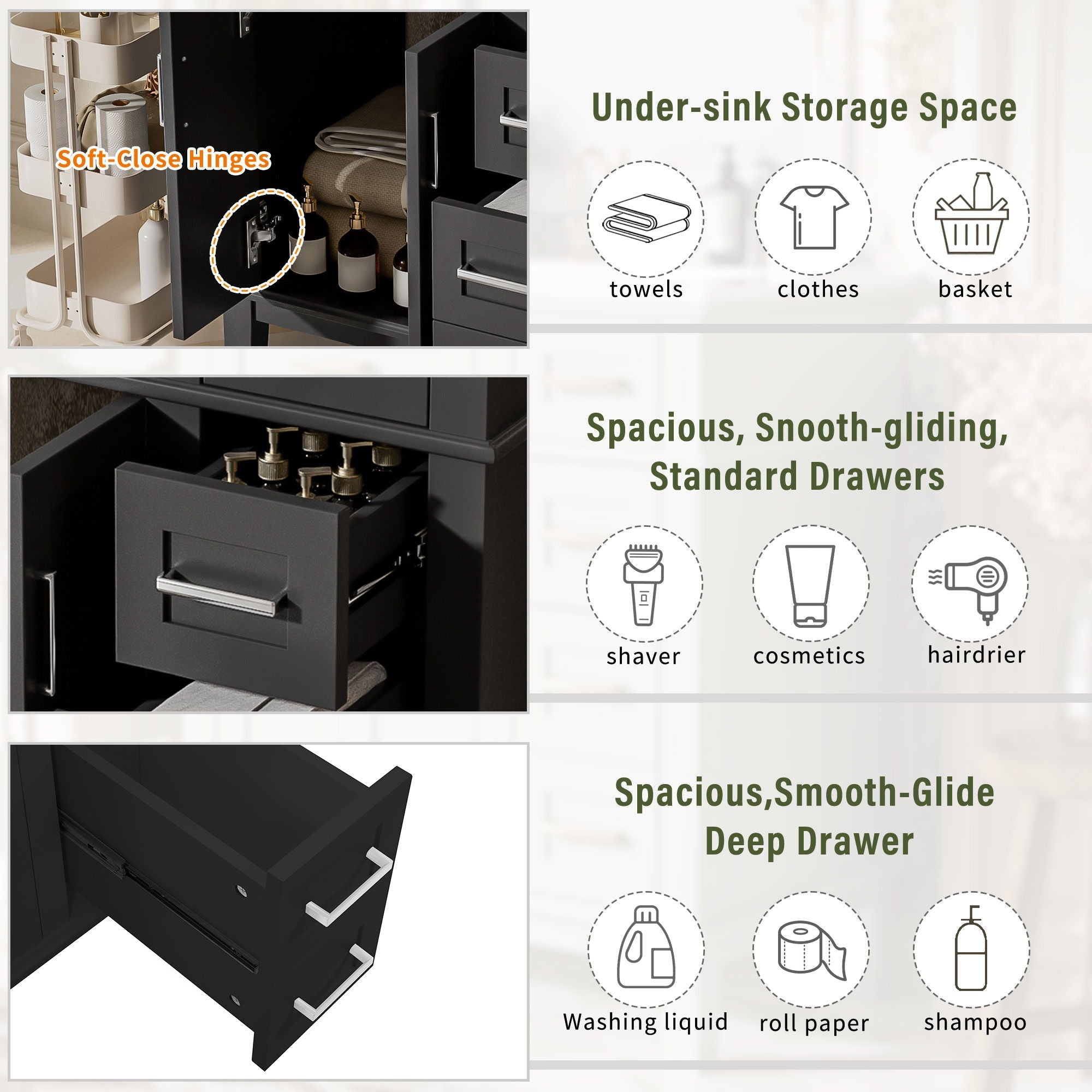 Modern Bathroom Vanity With Sink, Storage Cabinet, Soft Close Doors, Deep & Standard Drawers