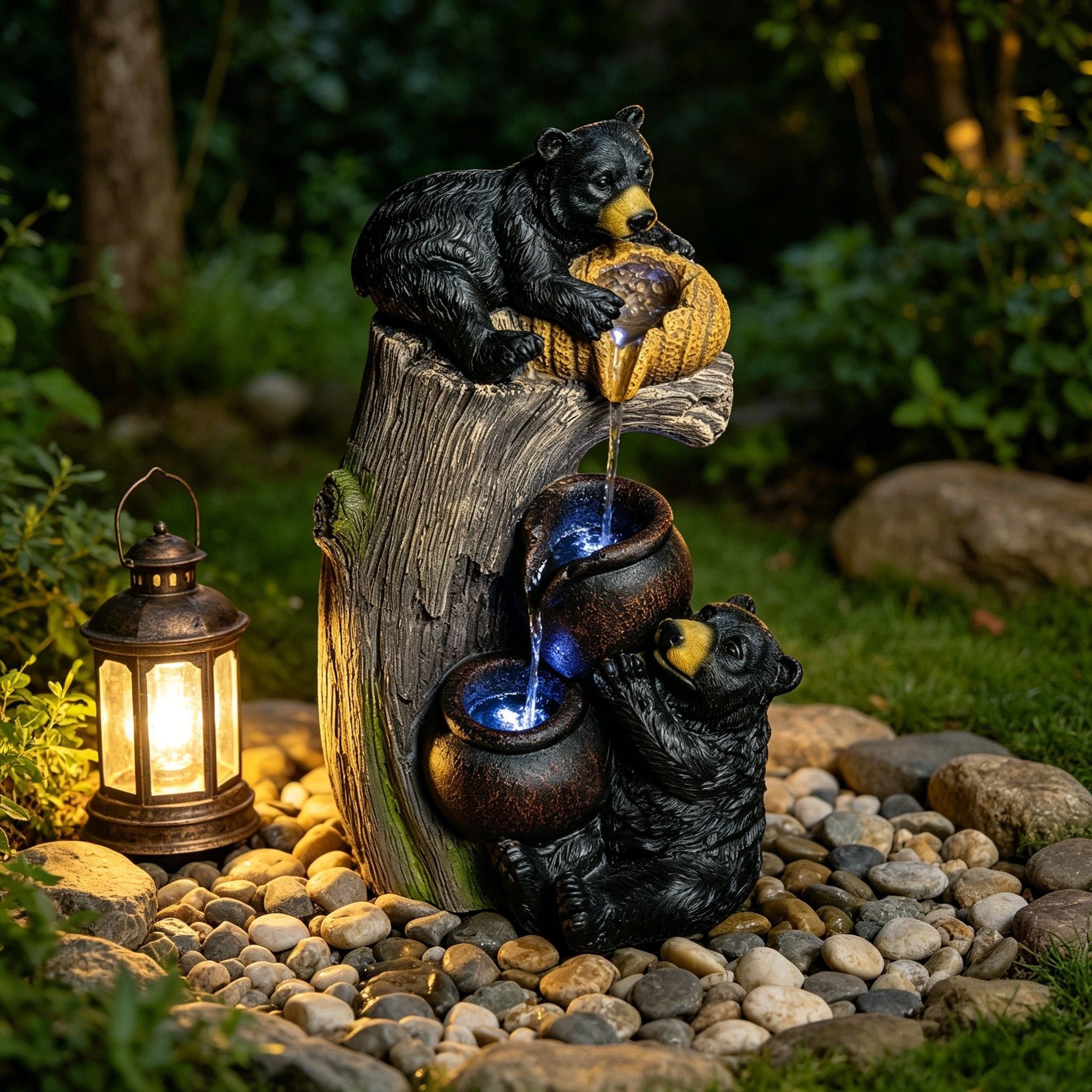 Bear Tree Stump Outdoor Water Fountain With LED Lights - Brown Gray