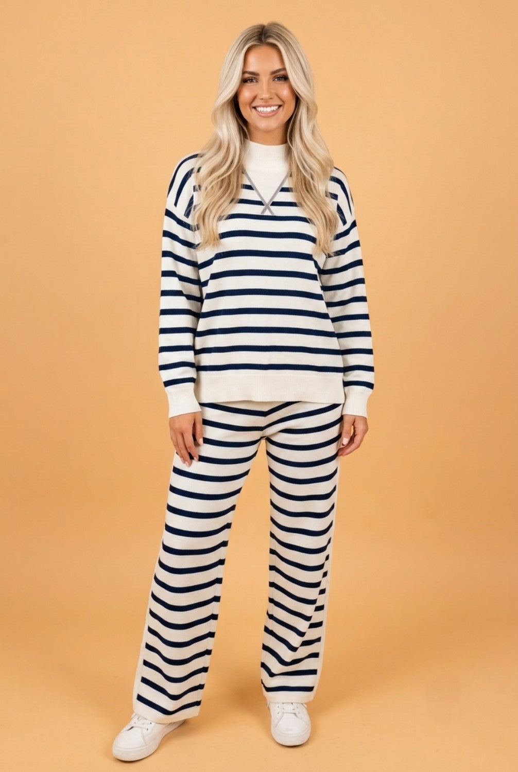 Stripe Mock Neck Top & Reverse Seam Pants Set