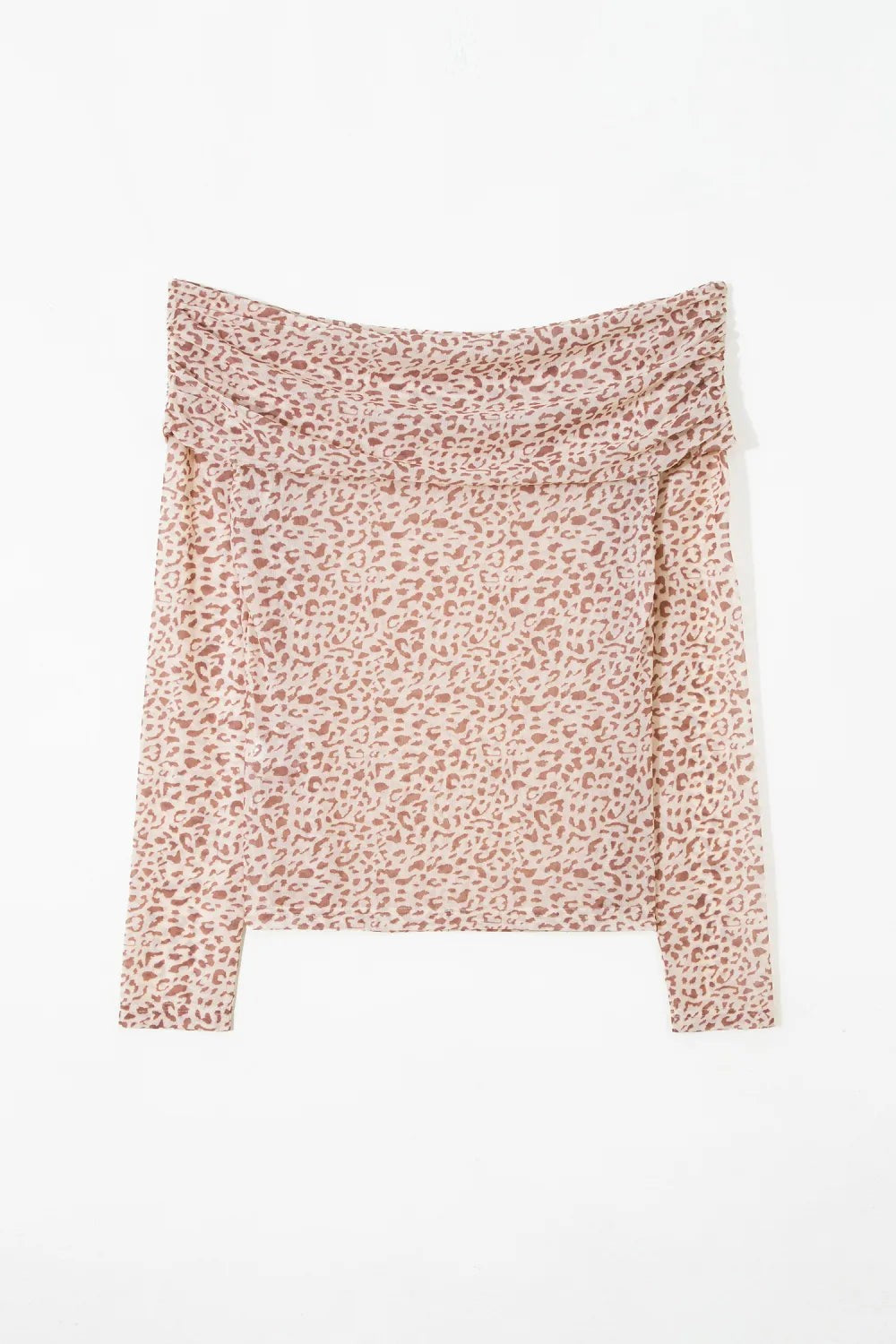 Leopard Mesh Foldover Off Shoulder Long Sleeve Top