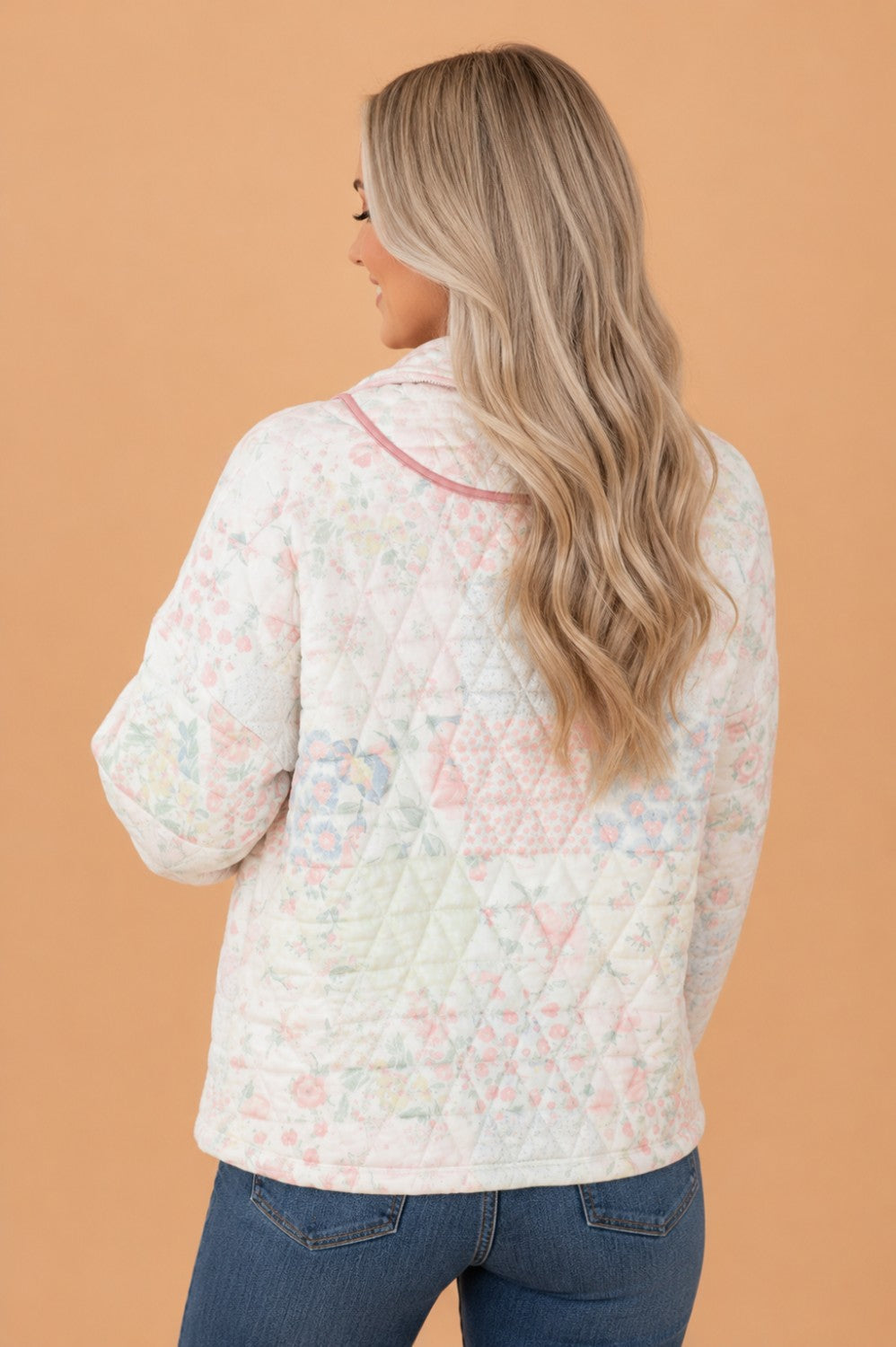 Floral Quilted Metal Zipper Collar Long Sleeve Sweatshirt