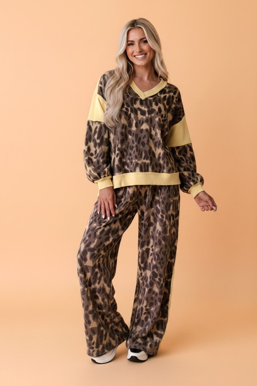 Leopard Colorblock Top & Wide Leg Pants Set