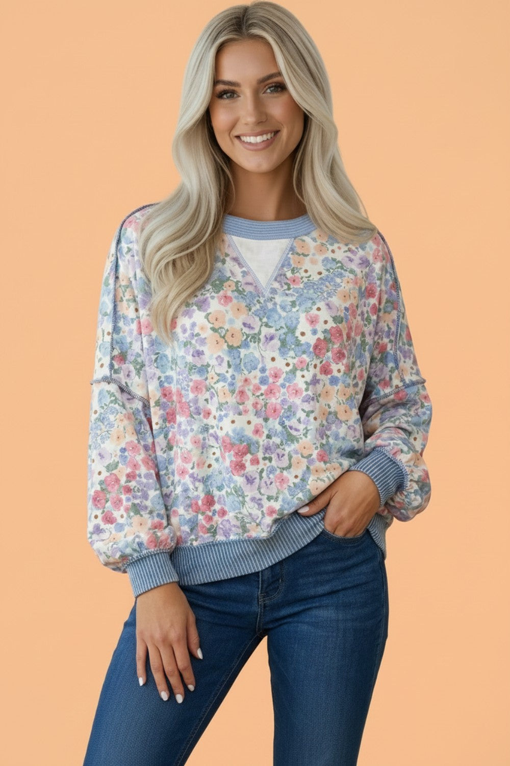 Floral Reverse Seam Drop Shoulder Long Sleeve Top