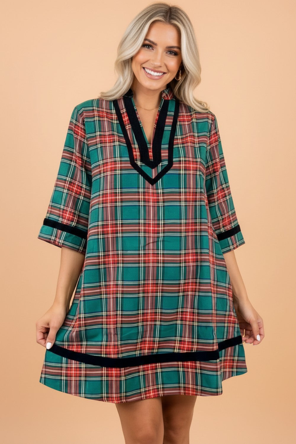 Plaid Velvet Contrast Trim 3/4 Sleeve Mini Dress