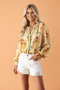 Floral Stripe Contrast V-Neck Puff Long Sleeve Blouse