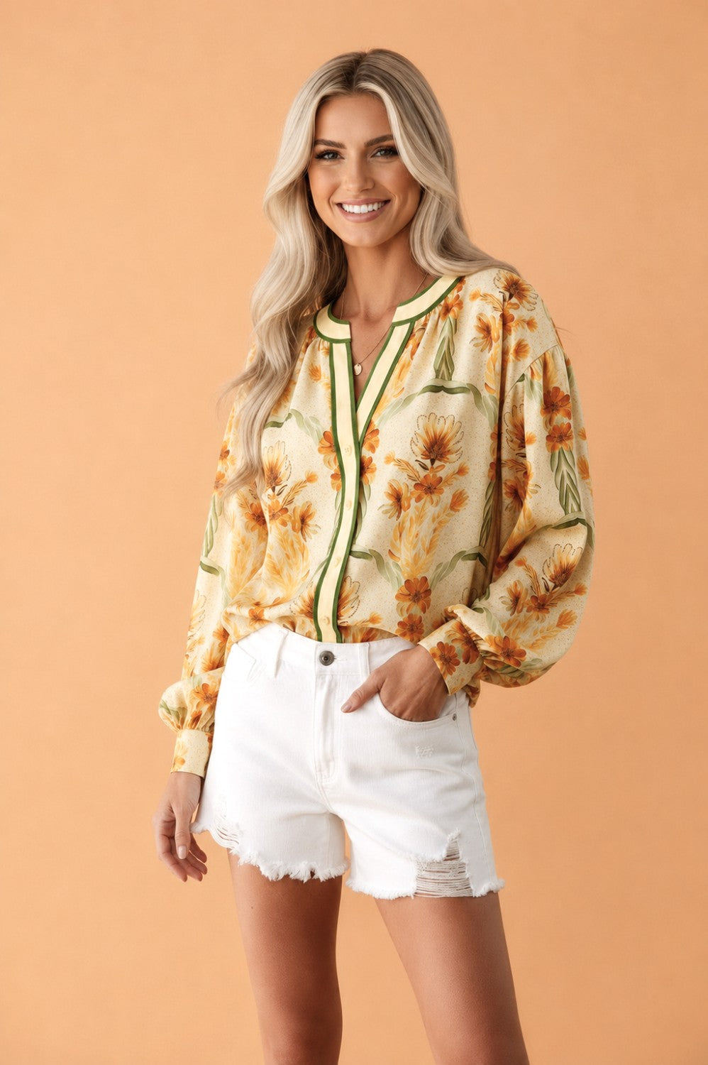 Floral Stripe Contrast V-Neck Puff Long Sleeve Blouse