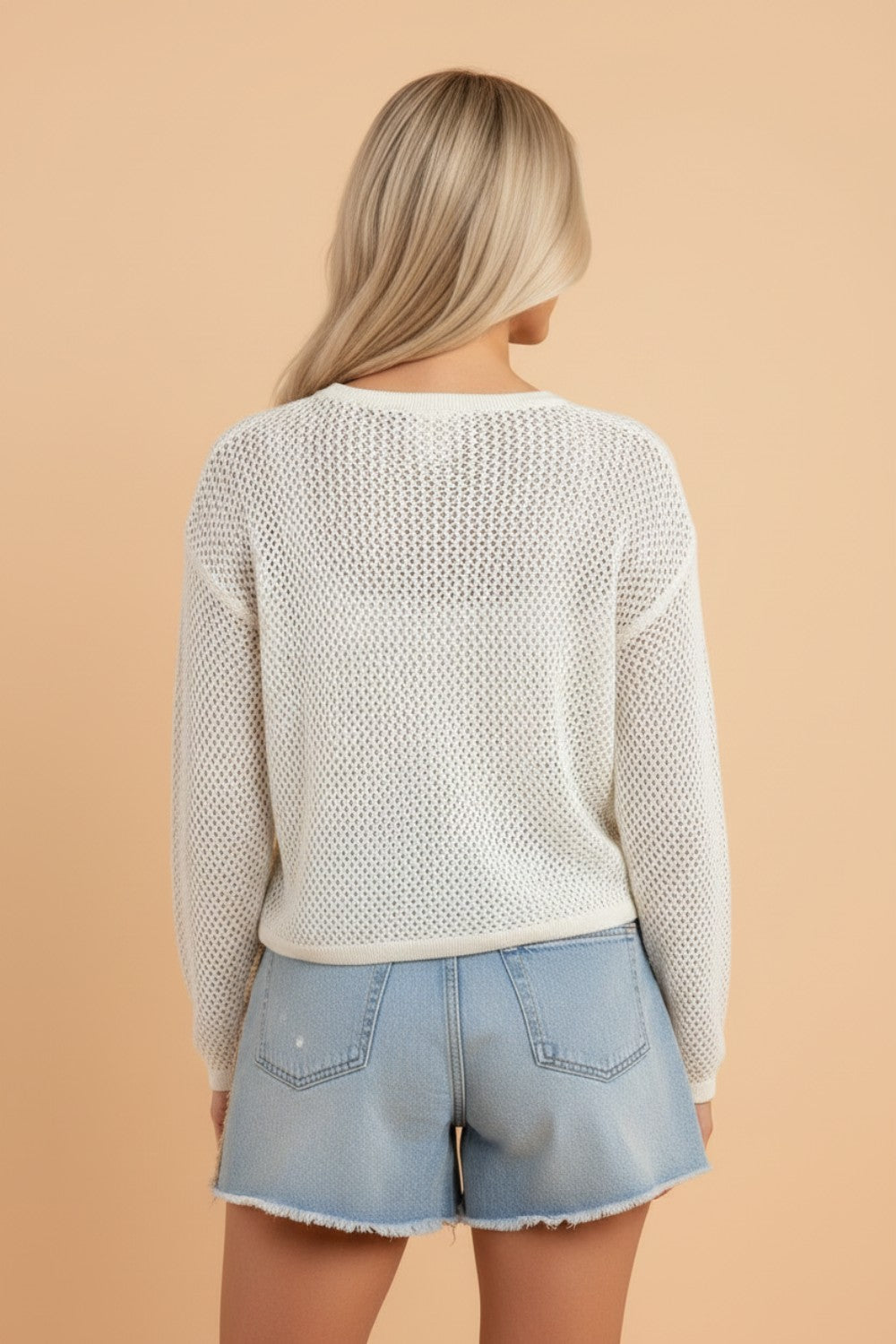 Fish Embroidered Crew Neck Crochet Knit Sweater