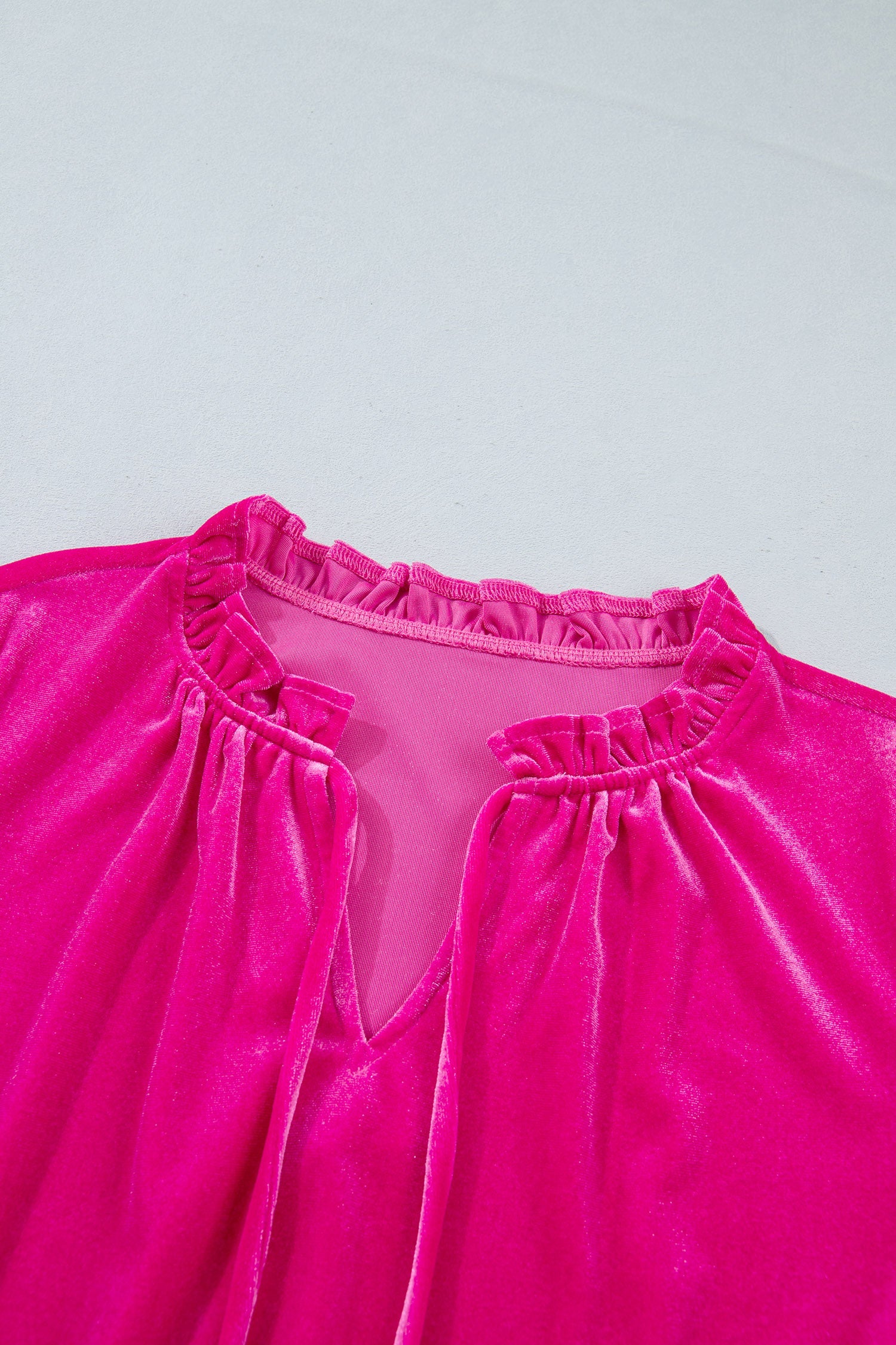 Solid Velvet V-Neck Ruffle Cuff Long Sleeve Top