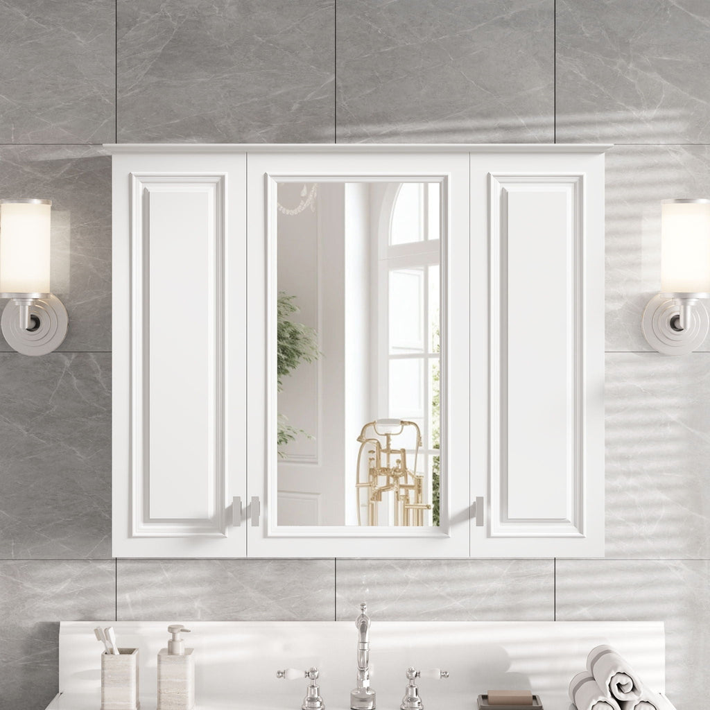 Wall Mounted Mirror Cabinet With 5 Adjustable Shelves, Rectangular Storage For Bathroom - White