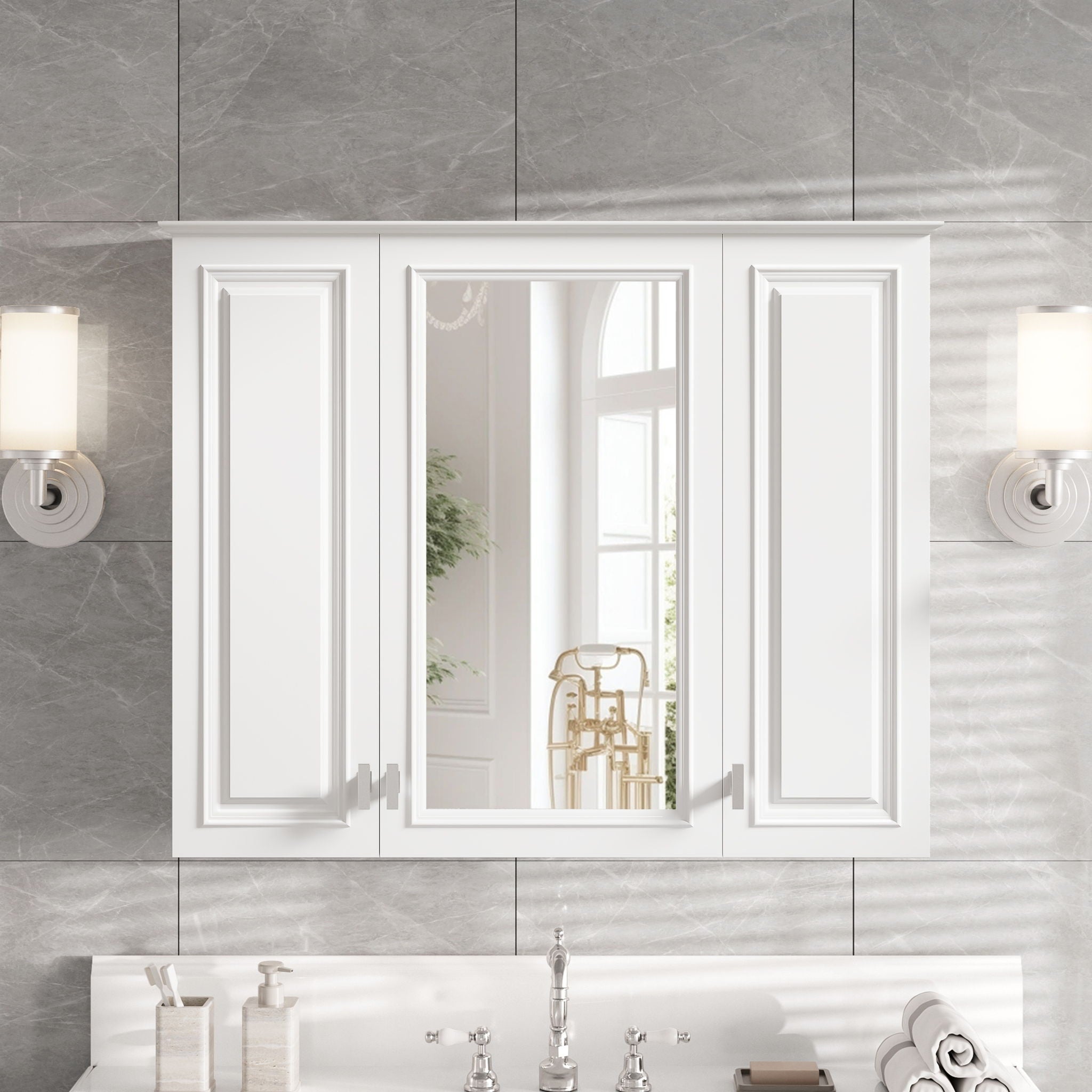 Wall Mounted Mirror Cabinet With 5 Adjustable Shelves, Rectangular Storage For Bathroom - White