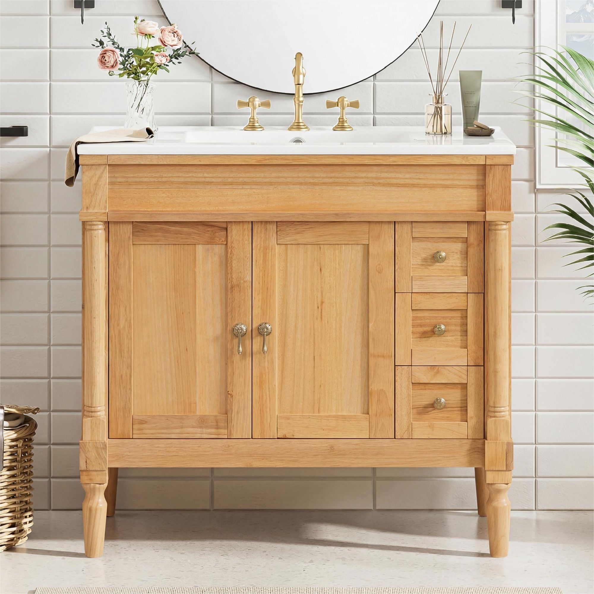 Modern Bathroom Vanity With Ceramic Sink, Soft Close Doors, Adjustable Shelves
