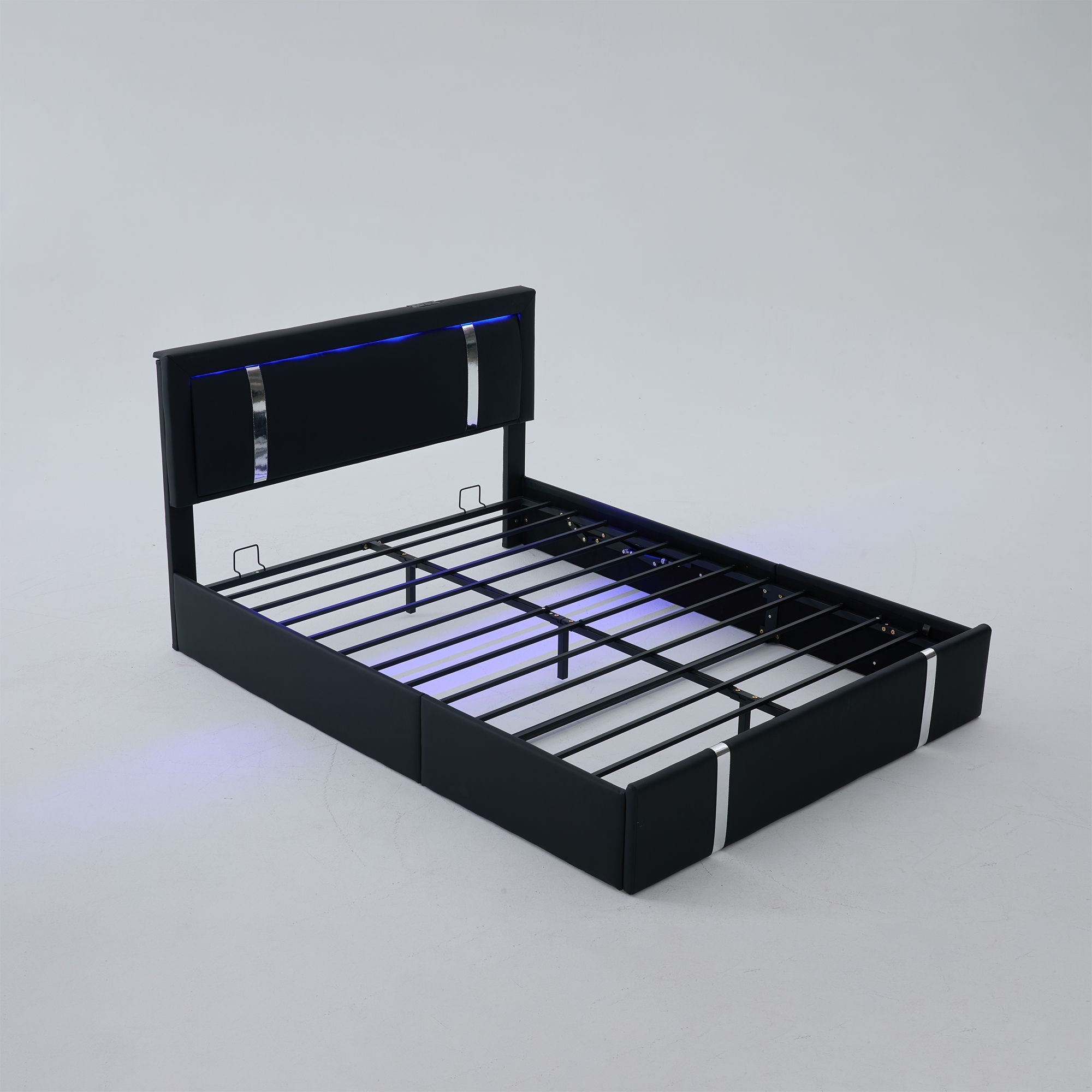 Upholstered Platform Bed Frame With Adjustable LED Headboard, USB C-Charging, Hydraulic Lift